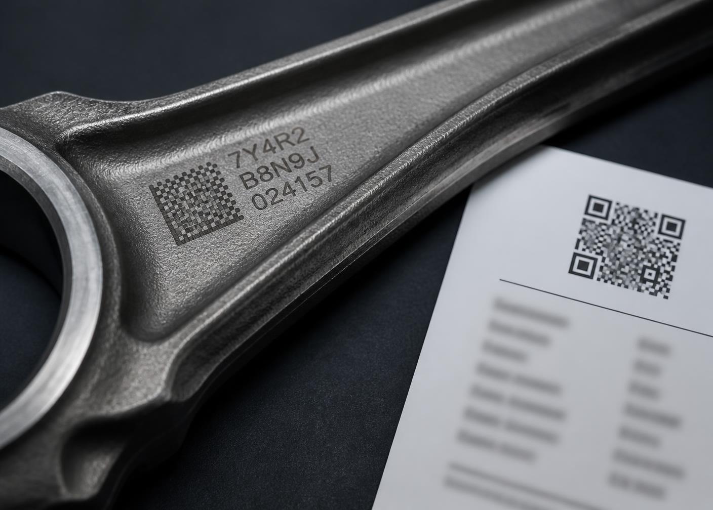 Laser-etched serial number on a Crown rod beside an inspection card with QR code
